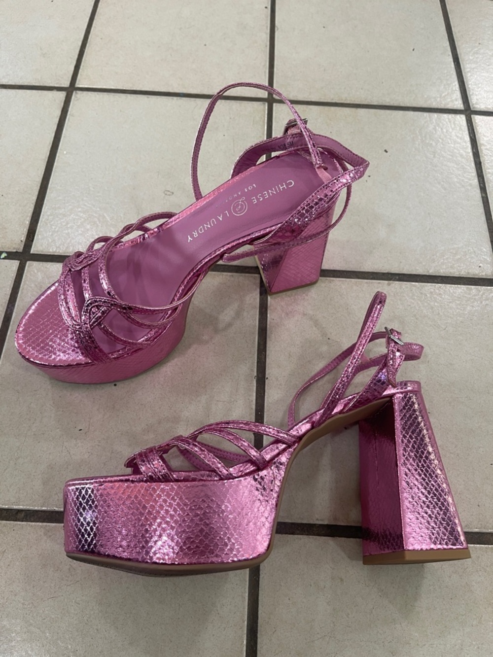 Chinese Laundry Metallic Pink Platform Block Heel Sandals